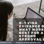 Professional woman reviewing documents on laptop for O-1 visa evidence guide and strong approval case preparation