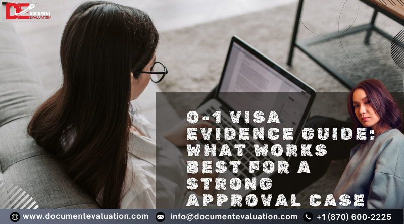 Professional woman reviewing documents on laptop for O-1 visa evidence guide and strong approval case preparation